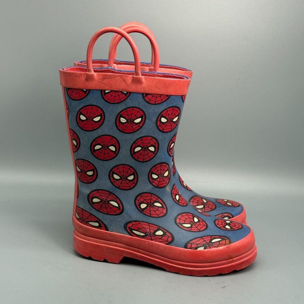 Disney Marvel Spiderman Kids 11 Red Blue Rubber Rain Boots Pull On Waterproof